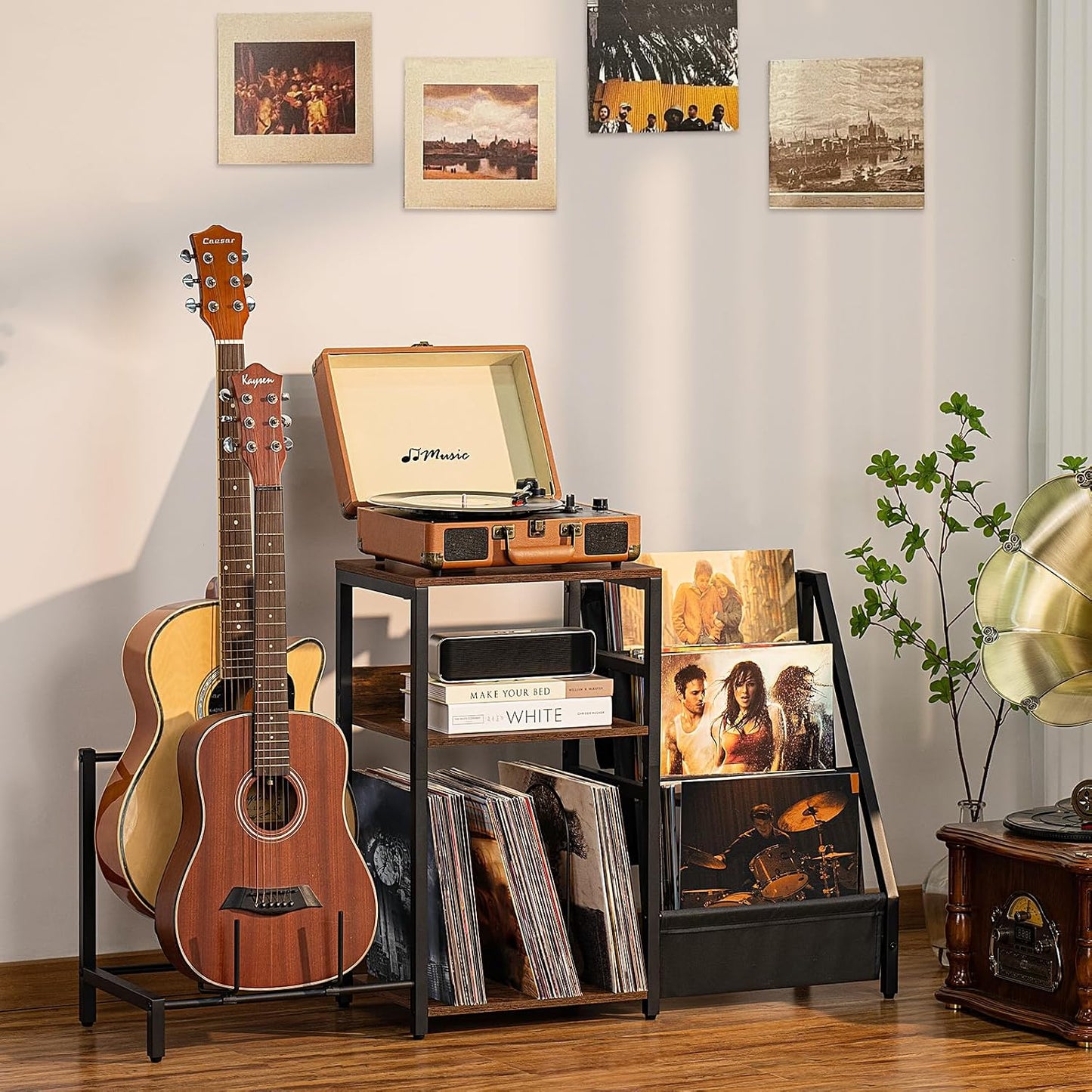 Record Player Stand, Adjustable Guitar Stand for Acoustic Guitar, Electric Guitar, Bass, Turntable Stand with Vinyl