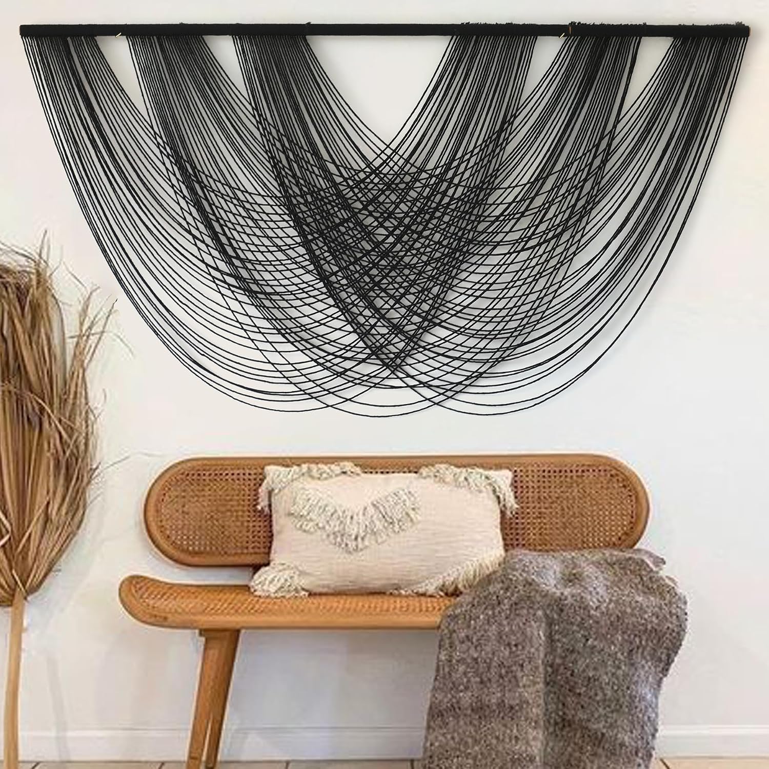 Flber Macrame Wall Hanging Black 59.00" W x 31.00" L Boho Wall Decor Large Boho Yarn Tapestry Living Room Bedroom Home