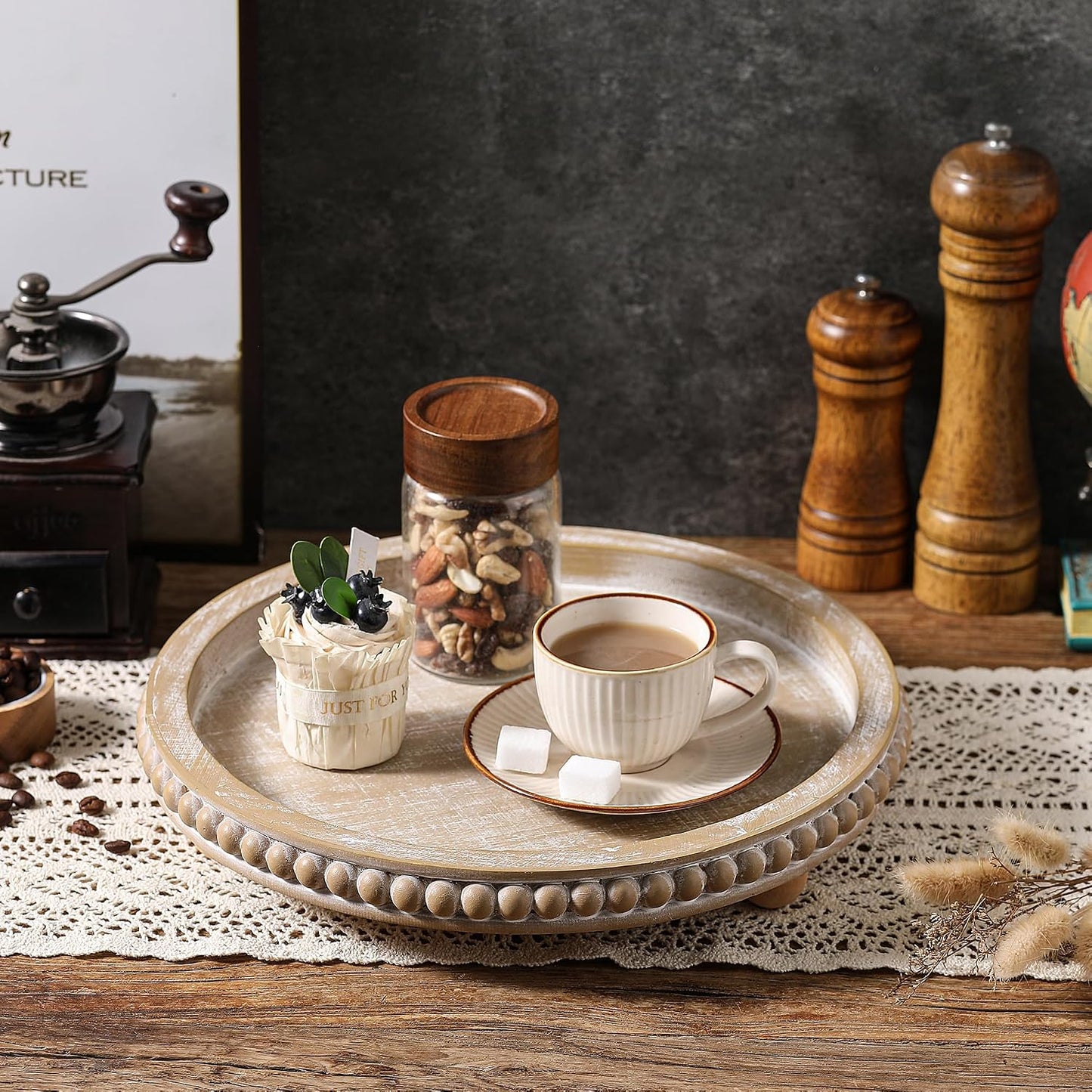 Round Wooden Tray Decor / Beige