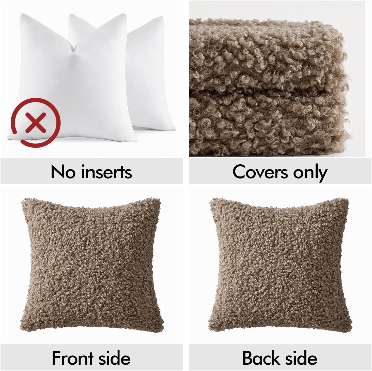 Teddy Faux Fur Throw Pillow Covers Soft Fuzzy Sherpa Sheepskin / Khaki / 18 x 18 / Set of 2