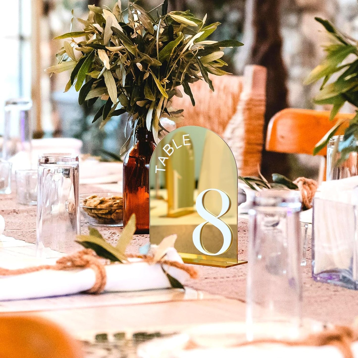 Gold Mirror Arch Wedding Table Numbers 1-15 with Stands | 15 Pack 5x7 Inch Gold Mirror Acrylic Arch Signs with Raised