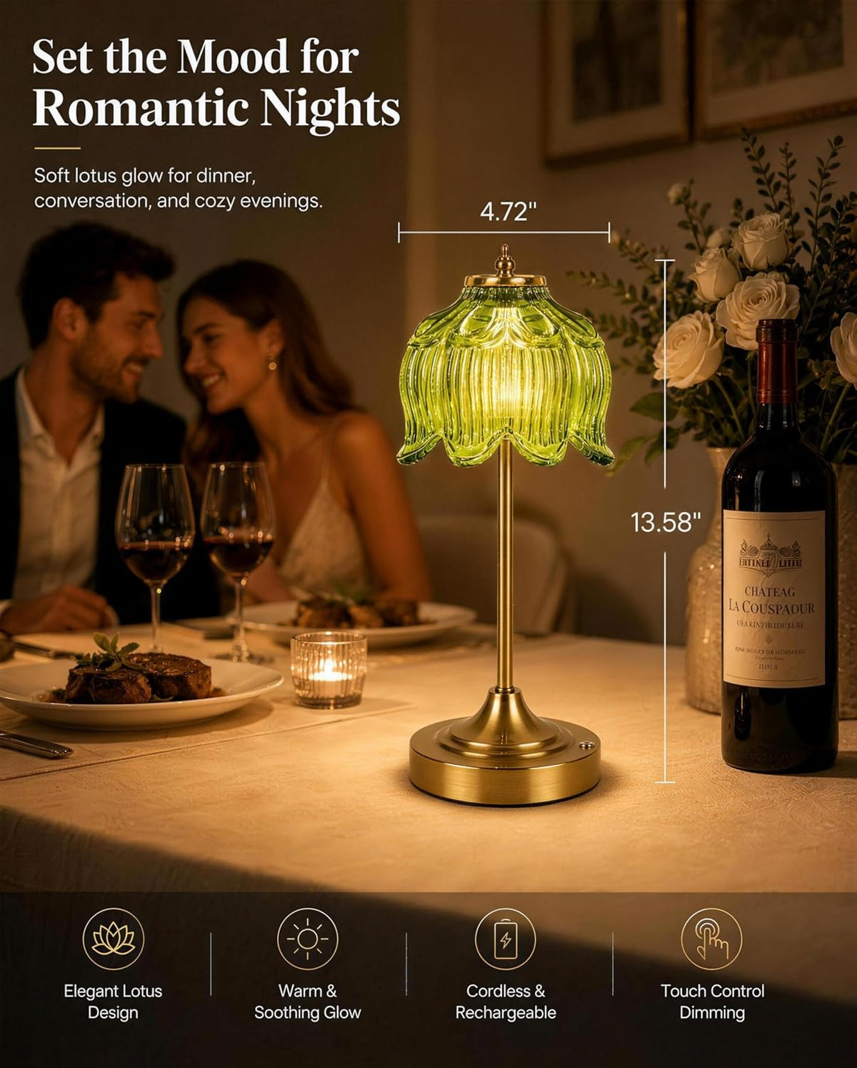 Lotus Flower Cordless Rechargeable Table Lamp, 3 Color Modes, Touch Control | 5200mAh Battery Powered Glass Table Lamp