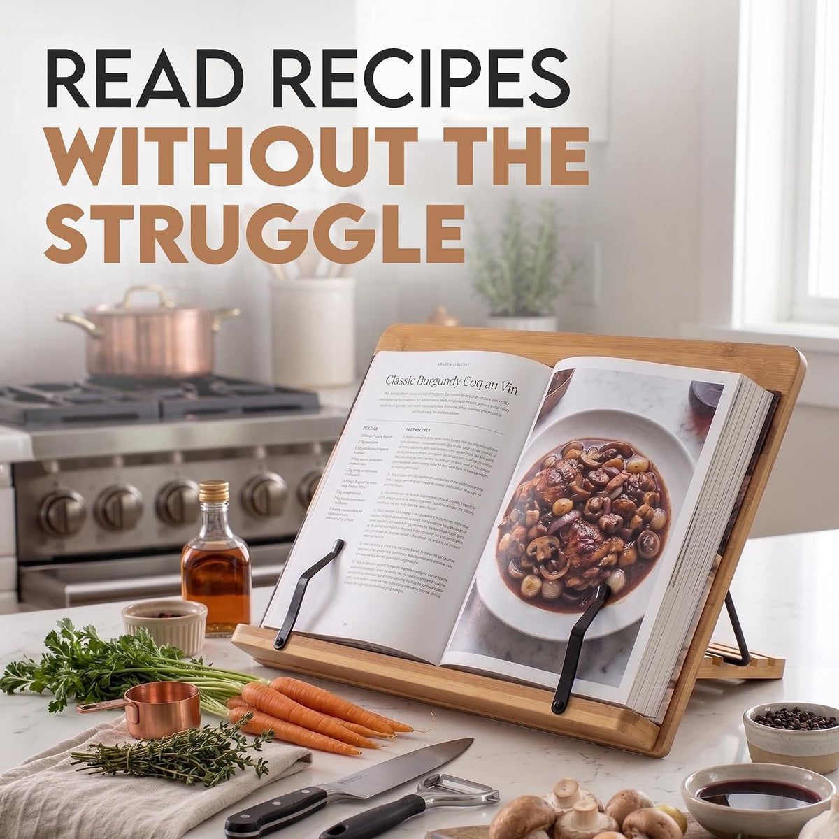 Bamboo Cookbook Stand Medium, Adjustable Book Holder Tray and Page Paper Clips -4-Position Recipe Book Stand Holds