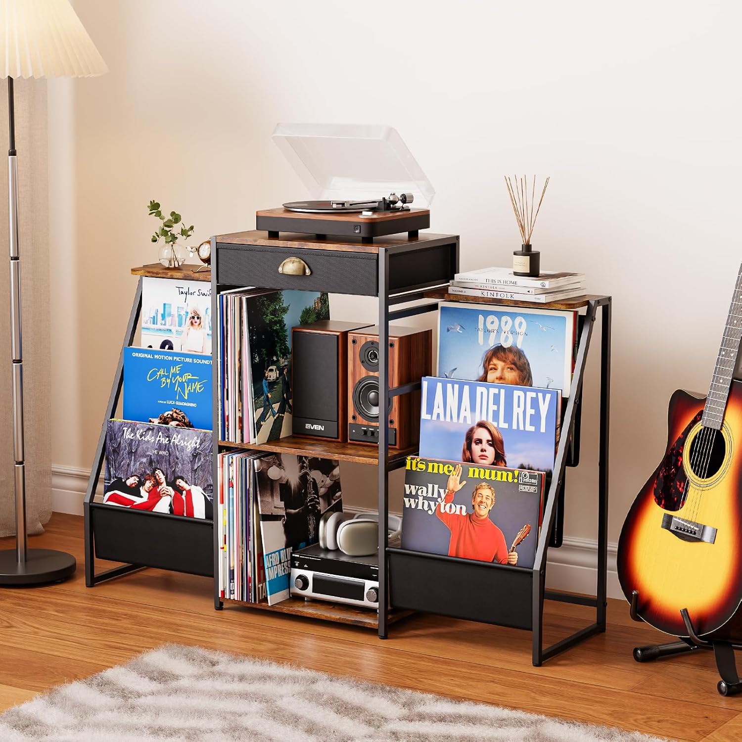 Record Player Stand with Vinyl Storage – Record Table with Holder,6-Bin Vinyl Storage Rack & Drawer, Dual Side Display