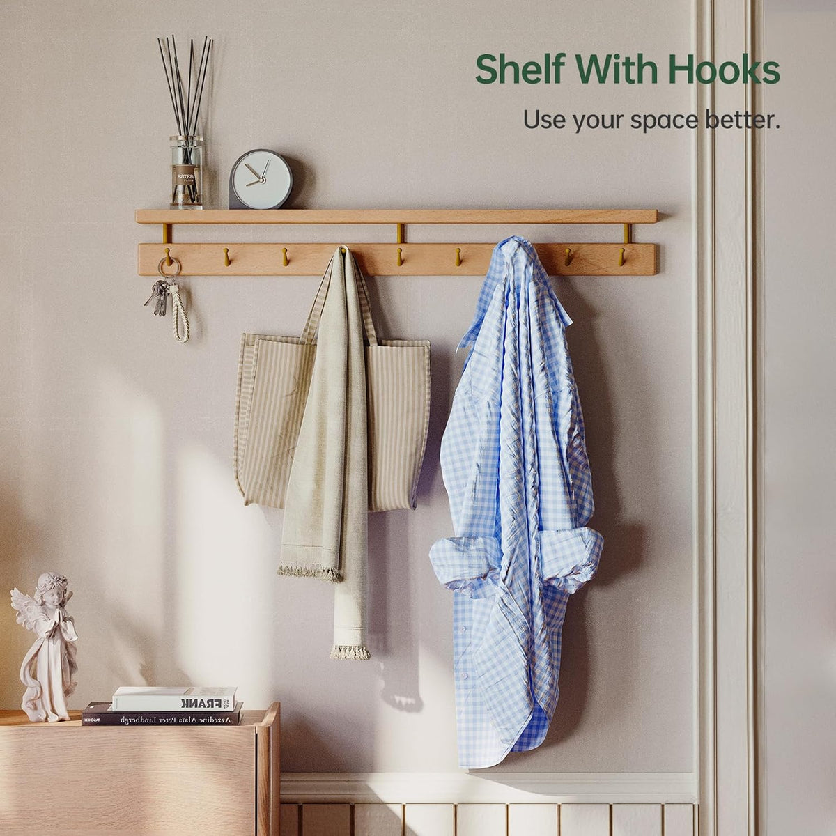 Solid Wood Wall Hooks with Shelf, Coat Rack Wall Mount, Entryway Hanging Shelf with 9 Brass Hooks for Hats, Clothes