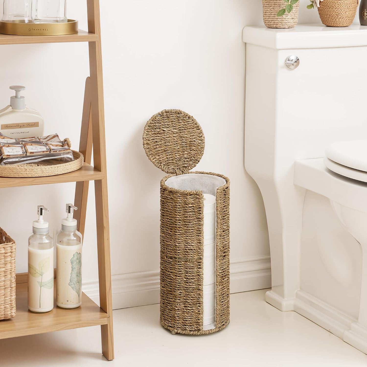 StorageWorks Seagrass Free Standing Toilet Paper Holder Stand for Bathroom, 3 Rolls of Toilet Tissue Storage with a