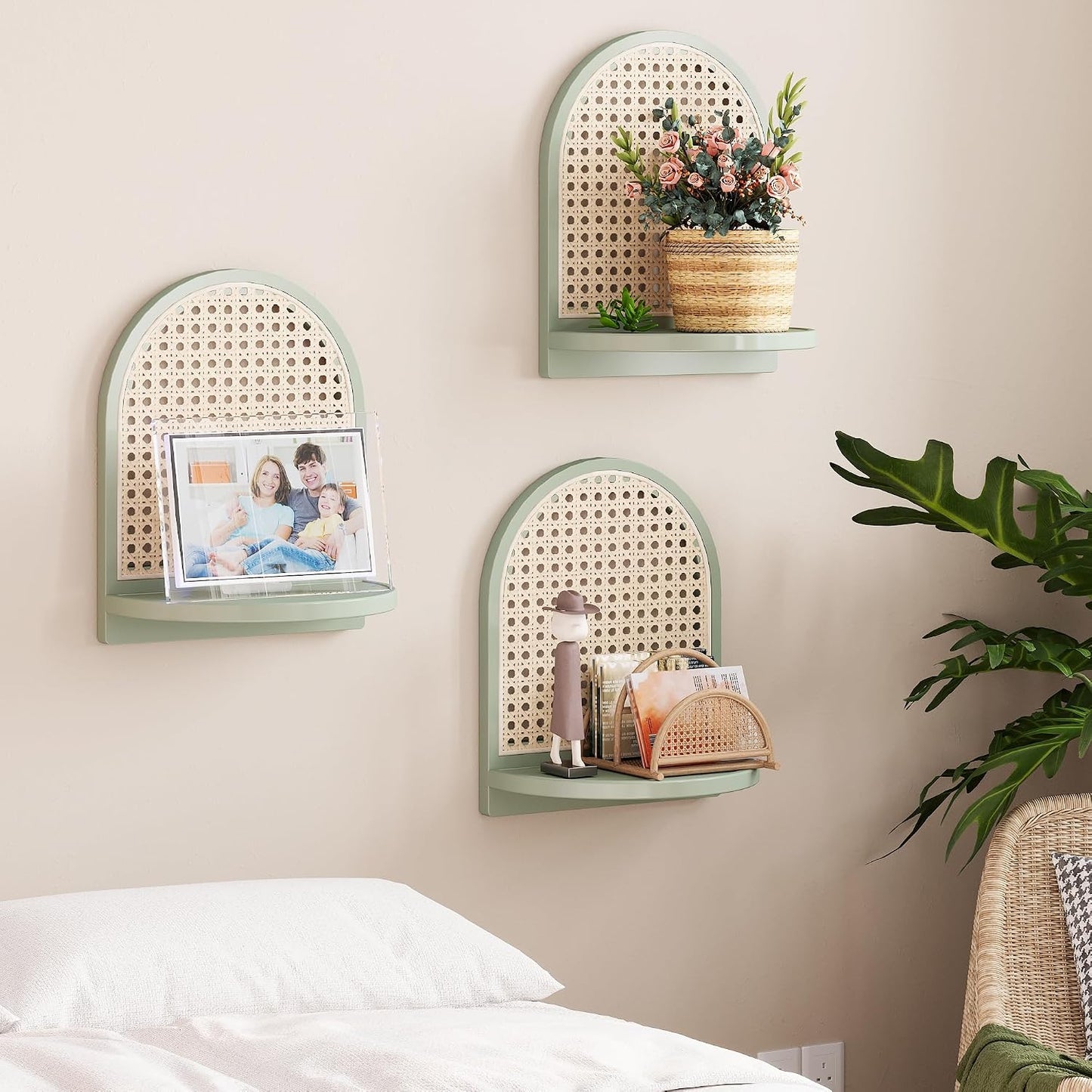 7'' Rattan Shelves / Green / 9.25*5.41*11.61 Inch / Set of 3