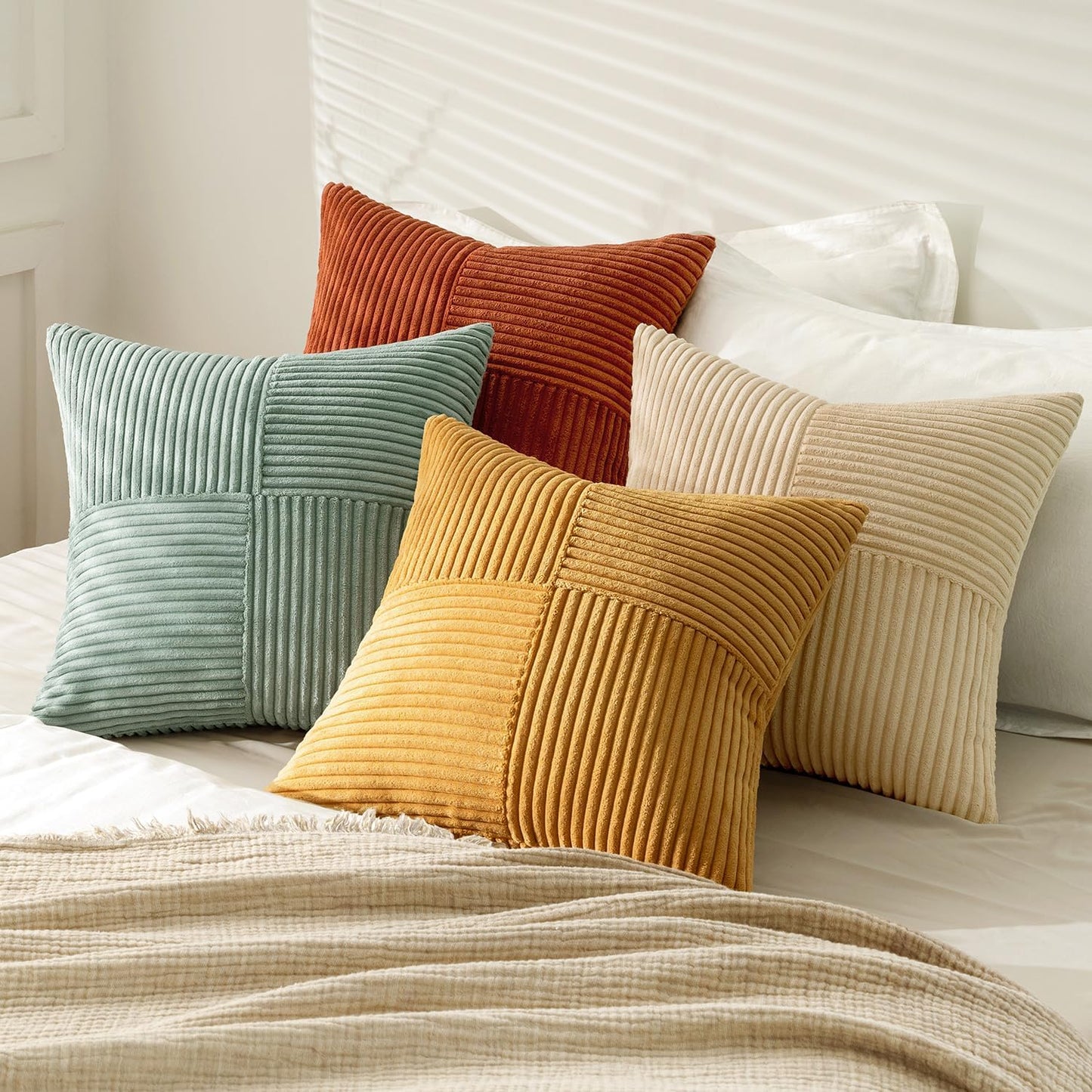 Decorative Throw Pillow Covers Boho Corduroy Striped Cushion / 18 x 18 / Teal Orange / Set of 4