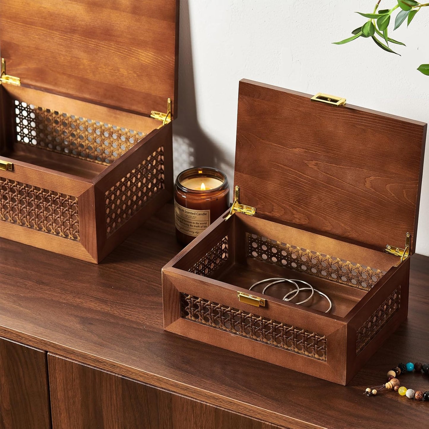 Decorative Rattan Storage Boxes Solid Wood Woven Baskets Bins / Walnut / Natural