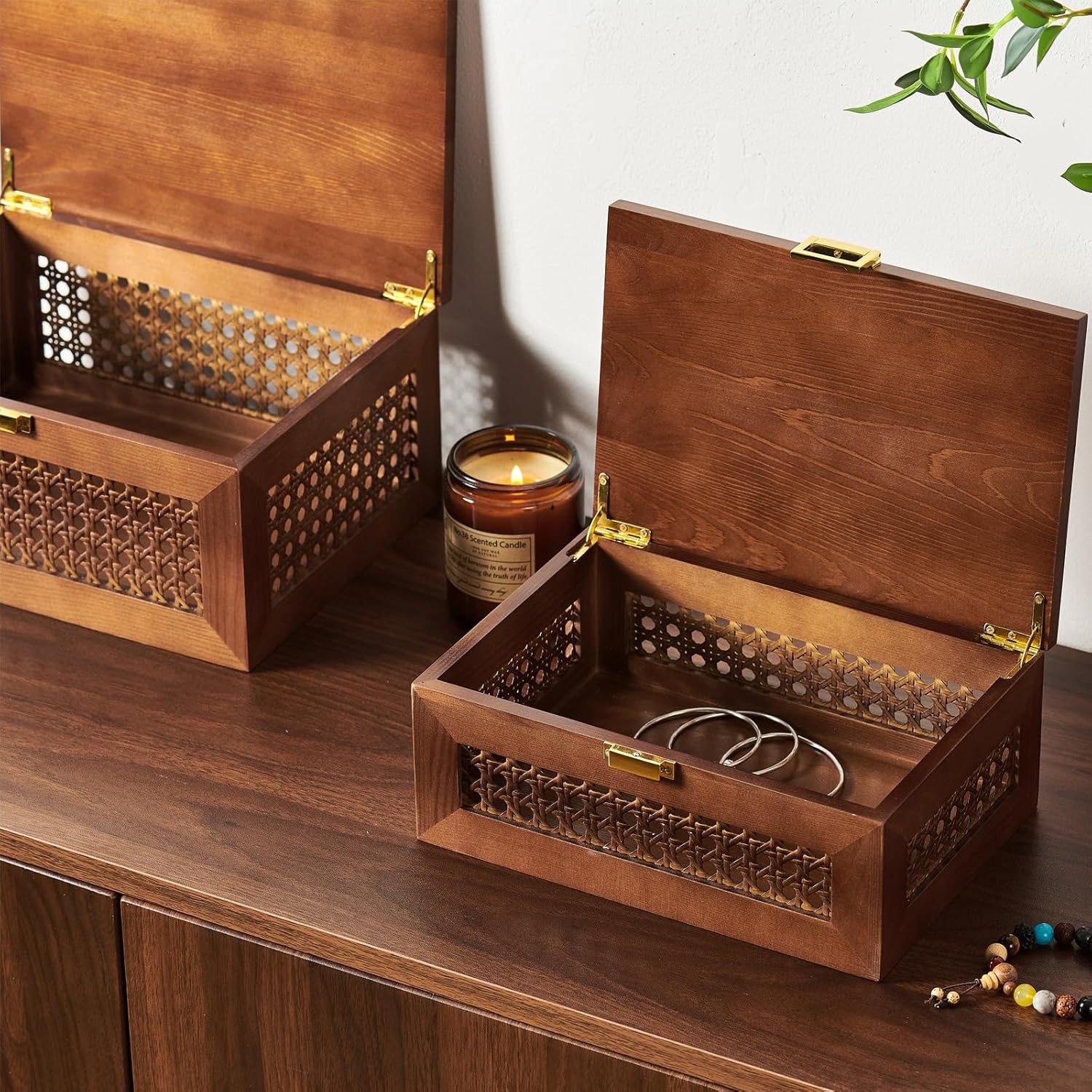 Decorative Rattan Storage Boxes Solid Wood Woven Baskets Bins / Walnut / Natural