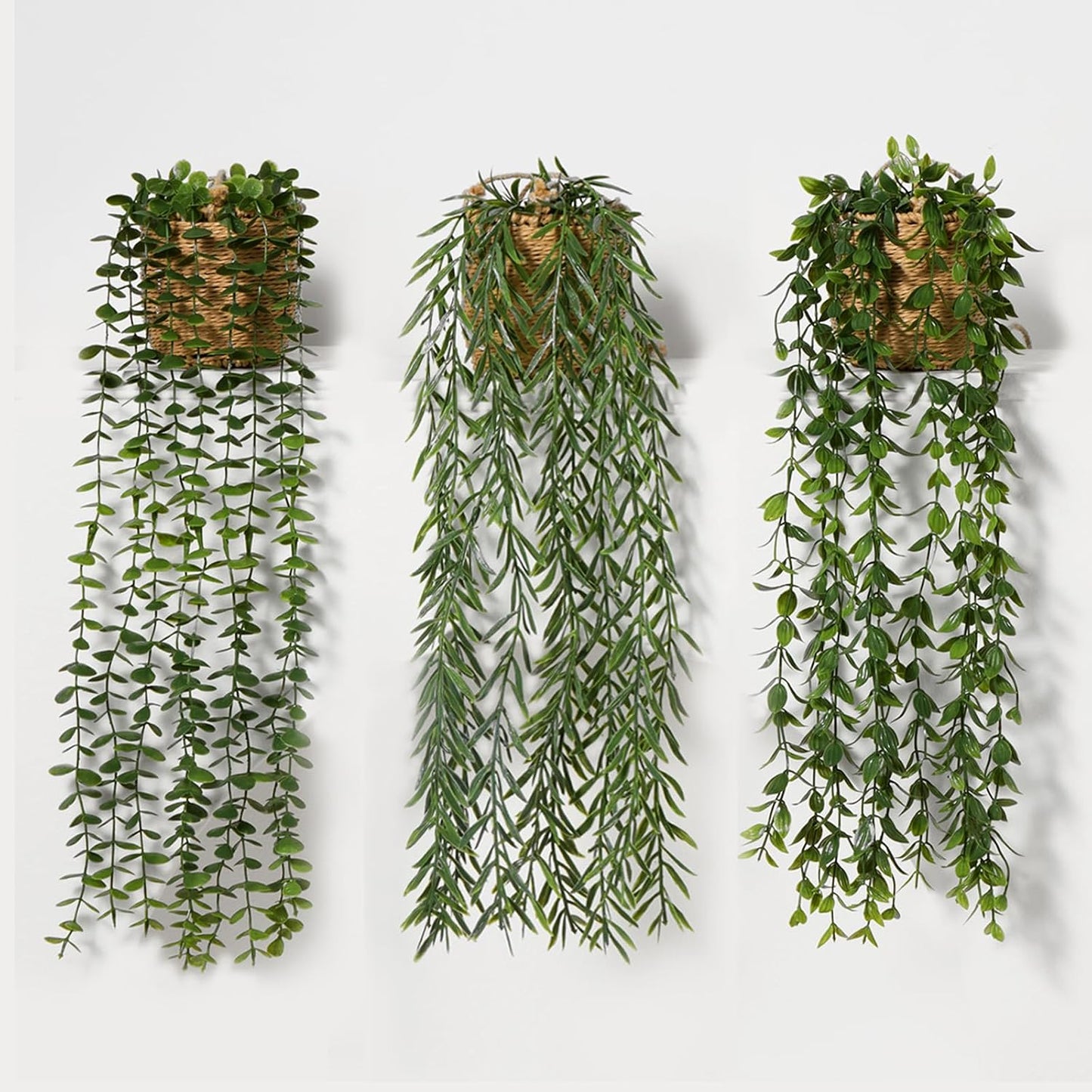Artificial Hanging Plants in Boho Handwoven Baskets / 3-green / Set of 3