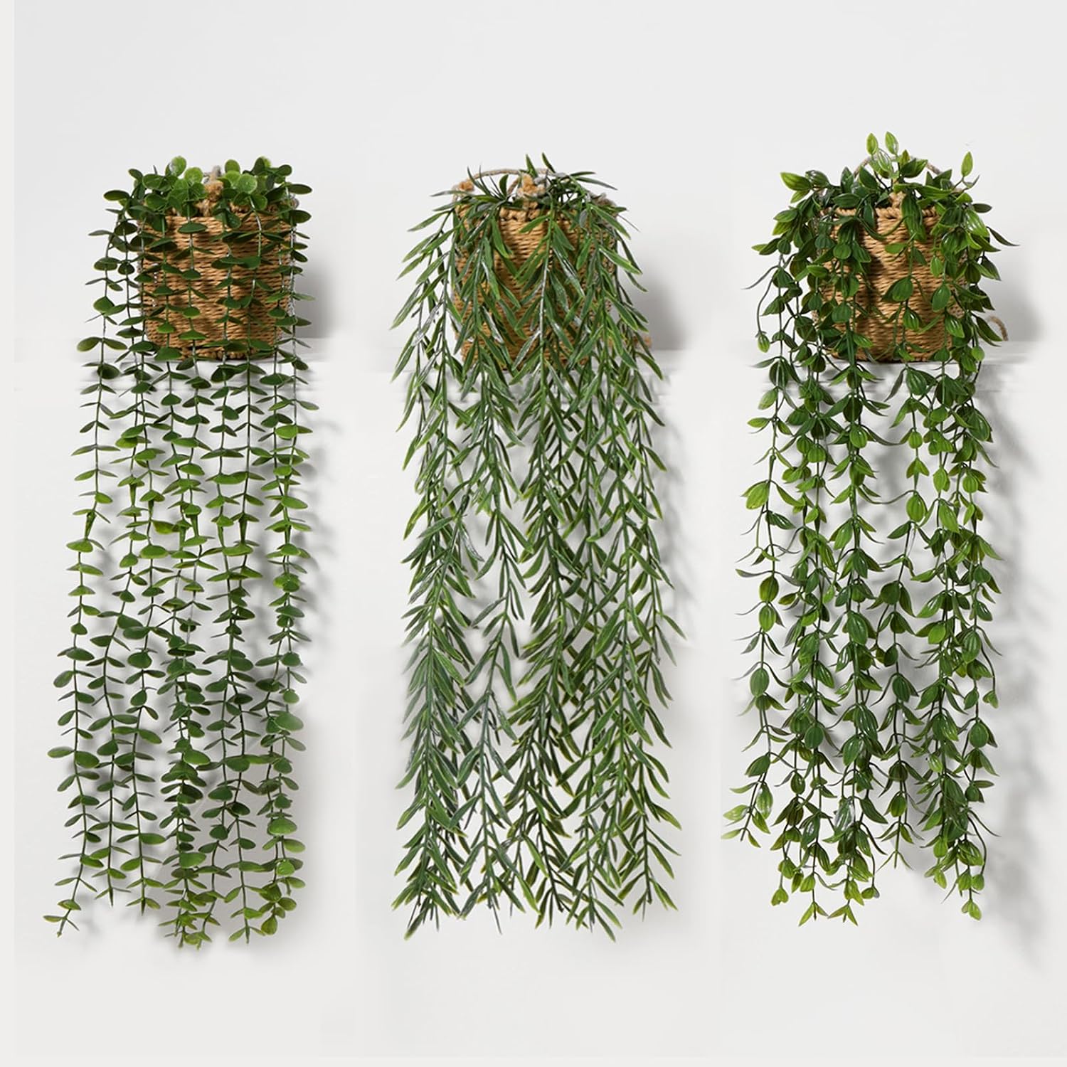 Artificial Hanging Plants in Boho Handwoven Baskets / 3-green / Set of 3