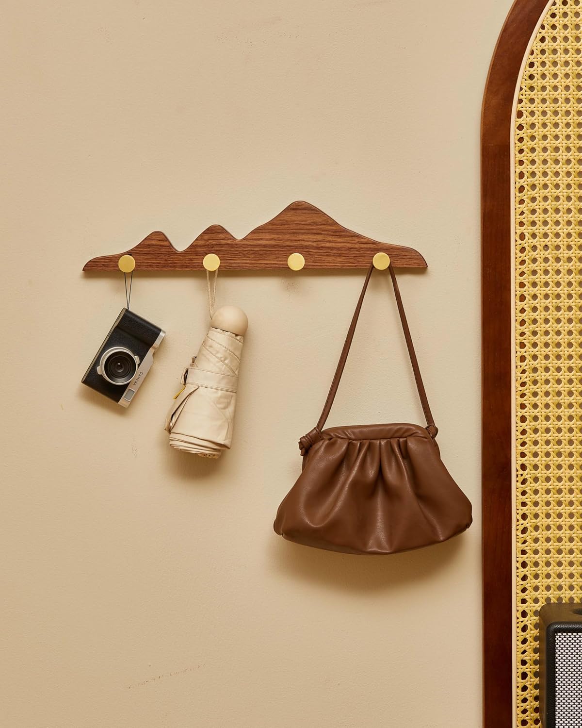 Wooden Coat Rack / 4 Hooks / Gold