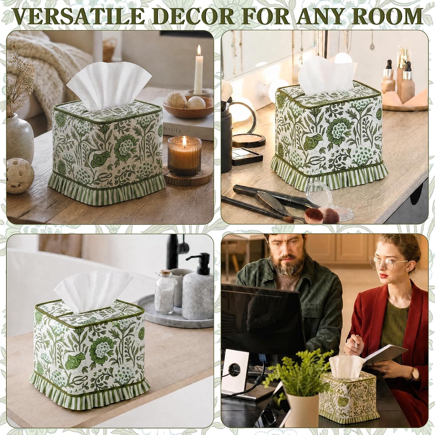 Agate Hand Block Printed Cotton Tissue Box Cover Decorative Square Boho / Floral Ruffle / Green