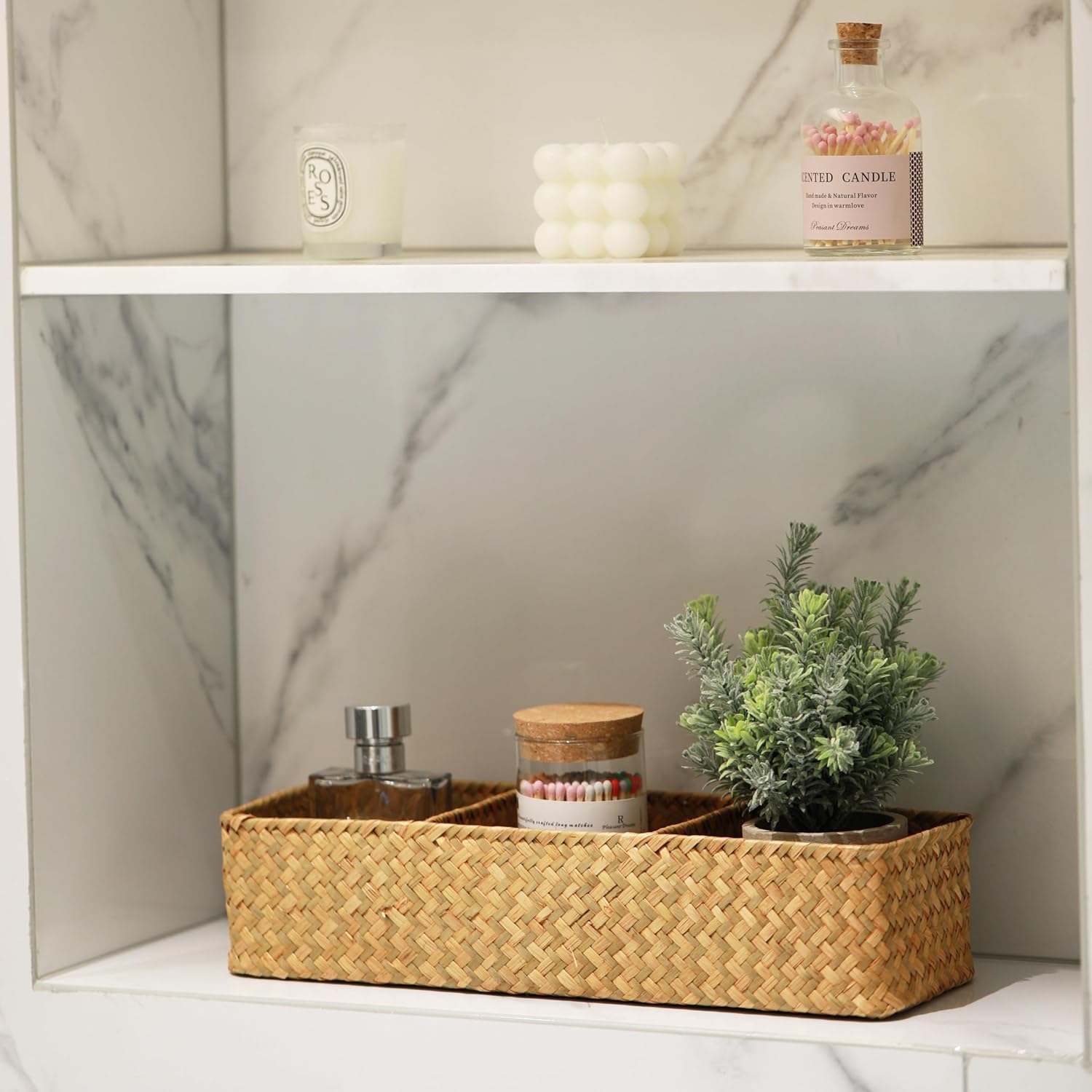 Seagrass Storage Basket 3 Sections Woven Shelf / Natural 3 Sections Without Lid / 14.6 x 4.7 x 3.1
