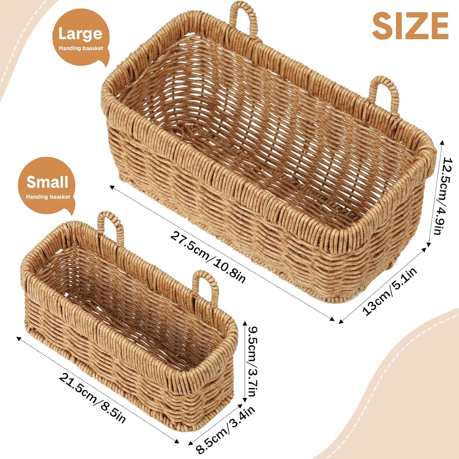 Woven Hanging Wall Baskets for Storage / Boho / Light Brown / Imitation Rattan Plastic / Set of 2
