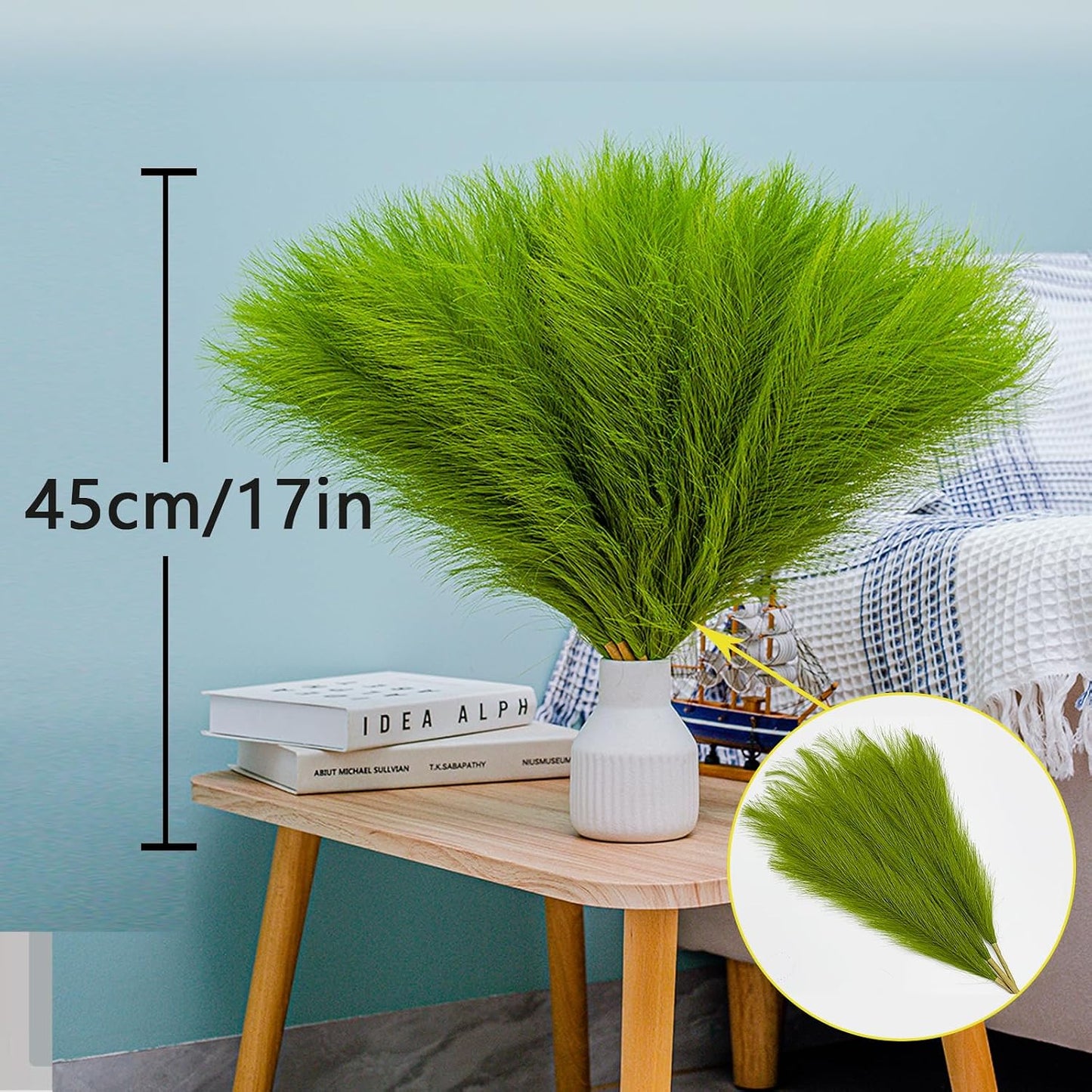 10 Stems 17.7" Artificial Pampas Grass Bouquet Small Pompas Floral Arrangement / Grass Green