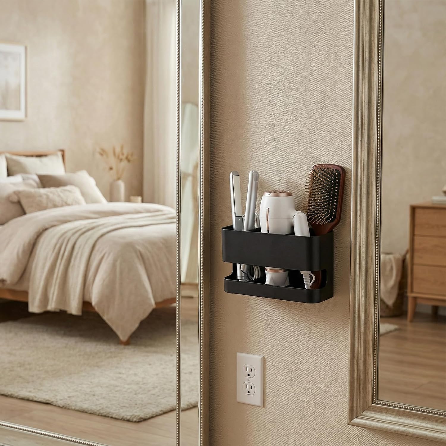 MyGift Wall Mount Salon Hair Tool Organizer with 3 Slots, Black Metal | Wall-mounted black metal storage features 3