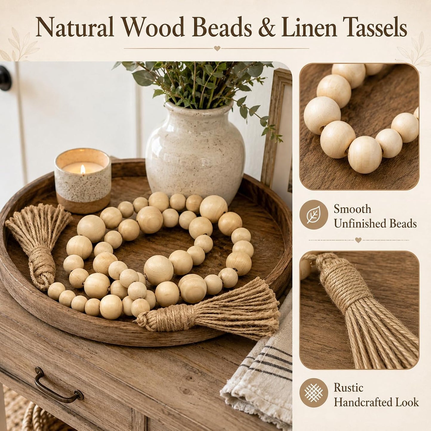 Wood Bead Garland / Natural / 49.6 Inch