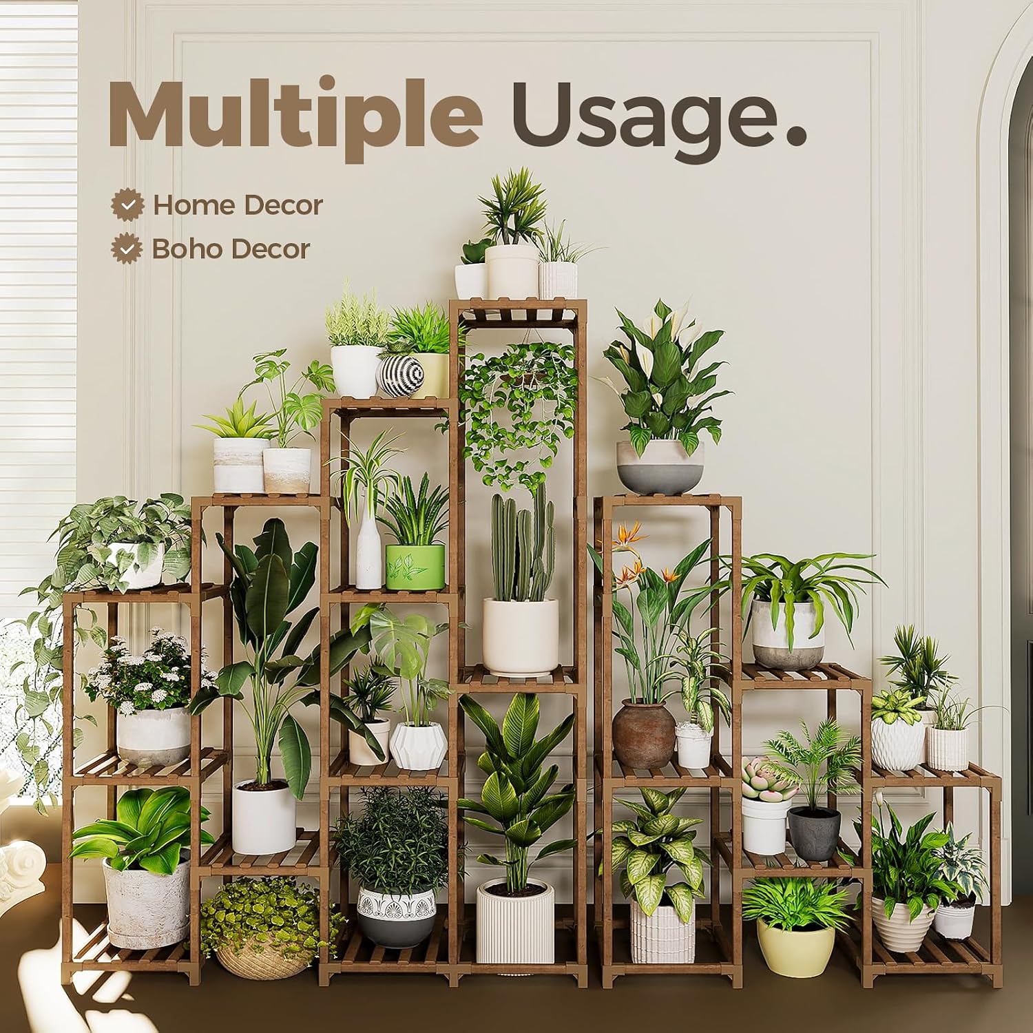 Bamworld Plant Shelf Indoor Large Plant Shelf Tall Flower Stands 16 Pots Outdoor Plant Rack for Garden Balcony Patio