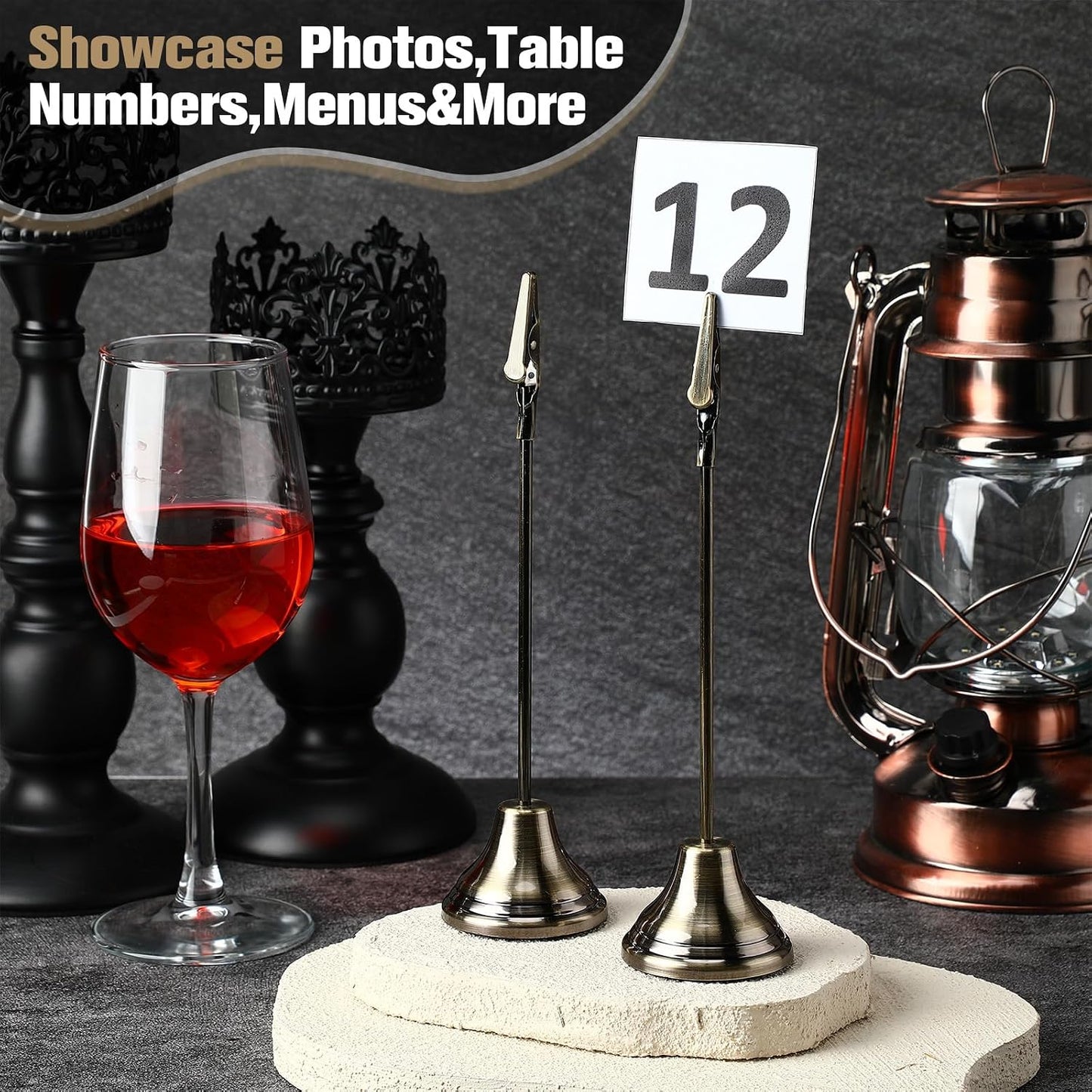 Skyygemm 12 Pcs Table Number Holders Metal Alligator Clip, Bronze, 8 Inch | Cone Base Clips for Place Cards, Food