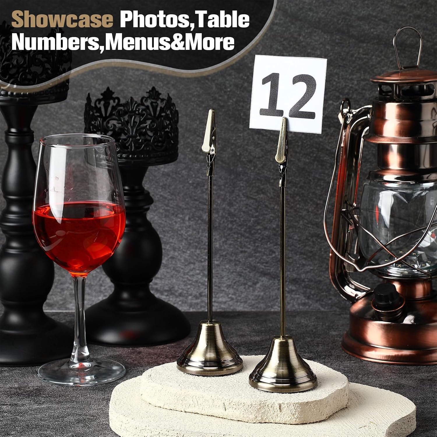 Skyygemm 12 Pcs Table Number Holders Metal Alligator Clip, Bronze, 8 Inch | Cone Base Clips for Place Cards, Food