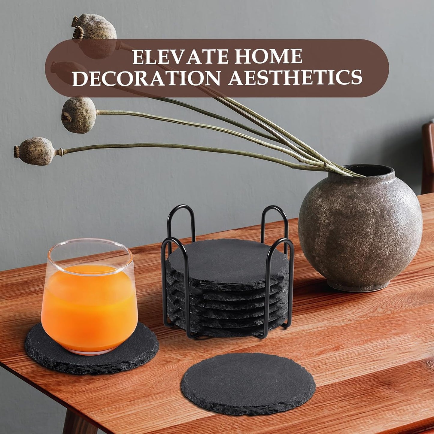 Metal Holder / Round Slate Coasters with Metal Holder / Black / 4 Inch / Set of 8