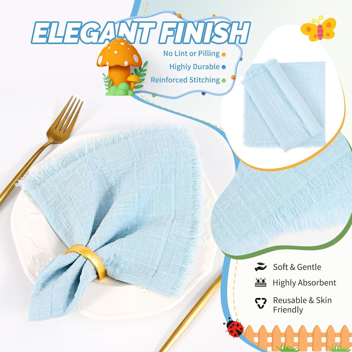 Showgeous 30 Pack Light Blue Cloth Napkins with Fringe, 16x16 inch | 100% Cotton Blue Napkins Handmade Dinner Napkins