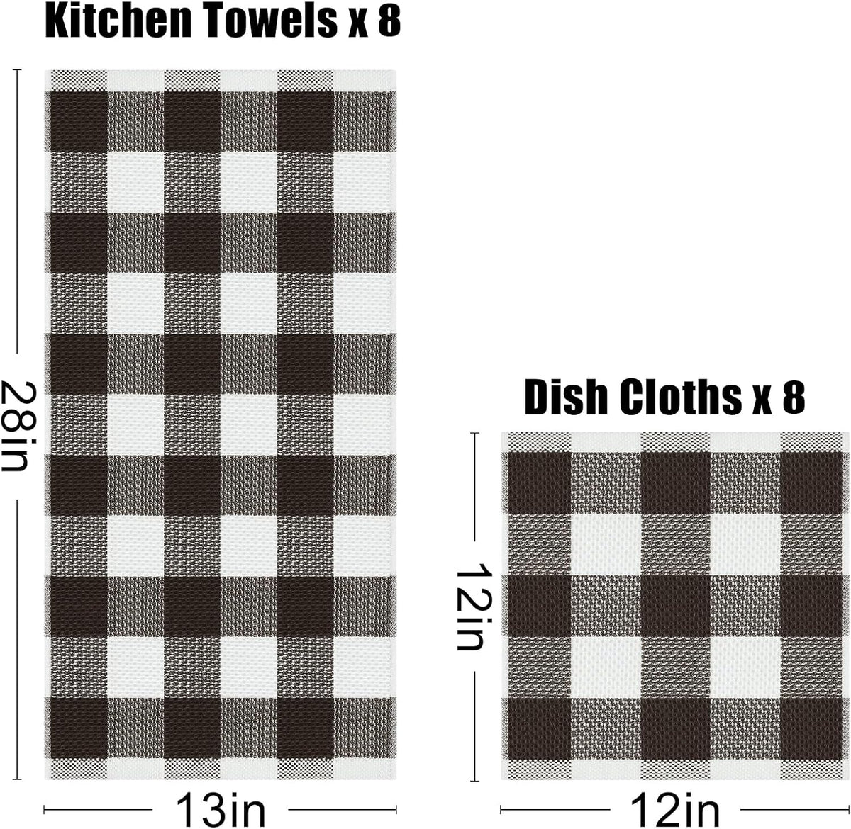 Homaxy Kitchen Towels and Dishcloths Set, Set of 16, White & Dark Brown | Bulk Cotton Waffle Weave Check Plaid Kitchen