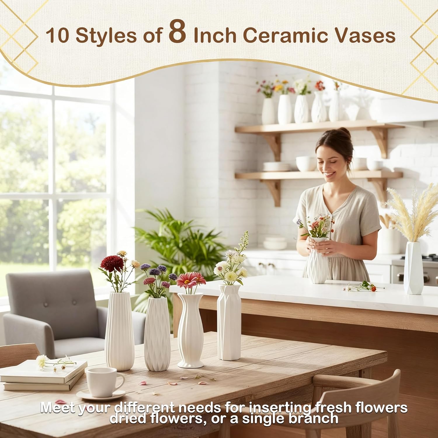 10-Piece Ceramic Vases Set / White / 8 Inch