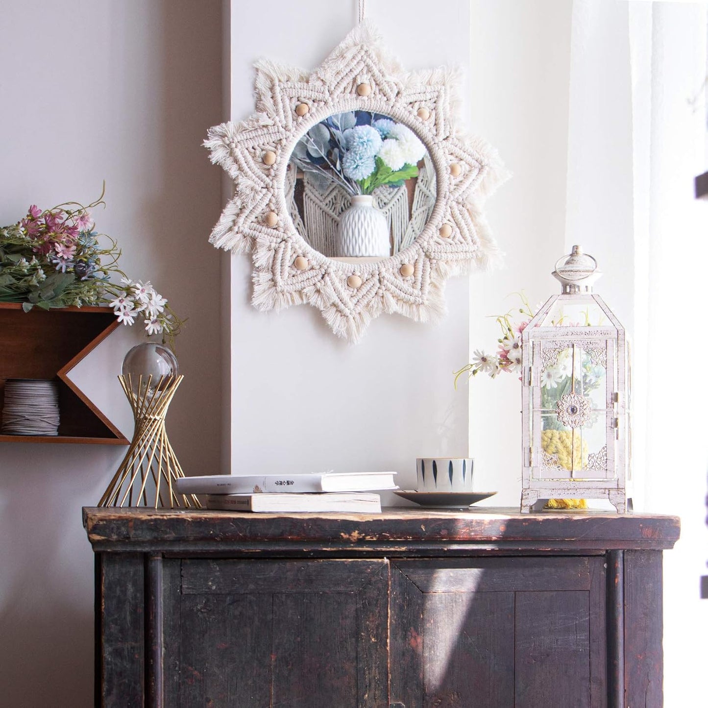 Boho Wall Decor Mirror Macrame Circle Hanging Mirror / White