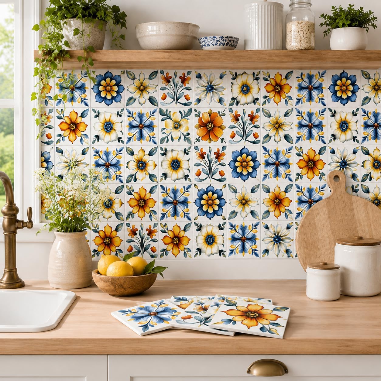 Peel & Stick Wall Tiles / Floral / Set of 24