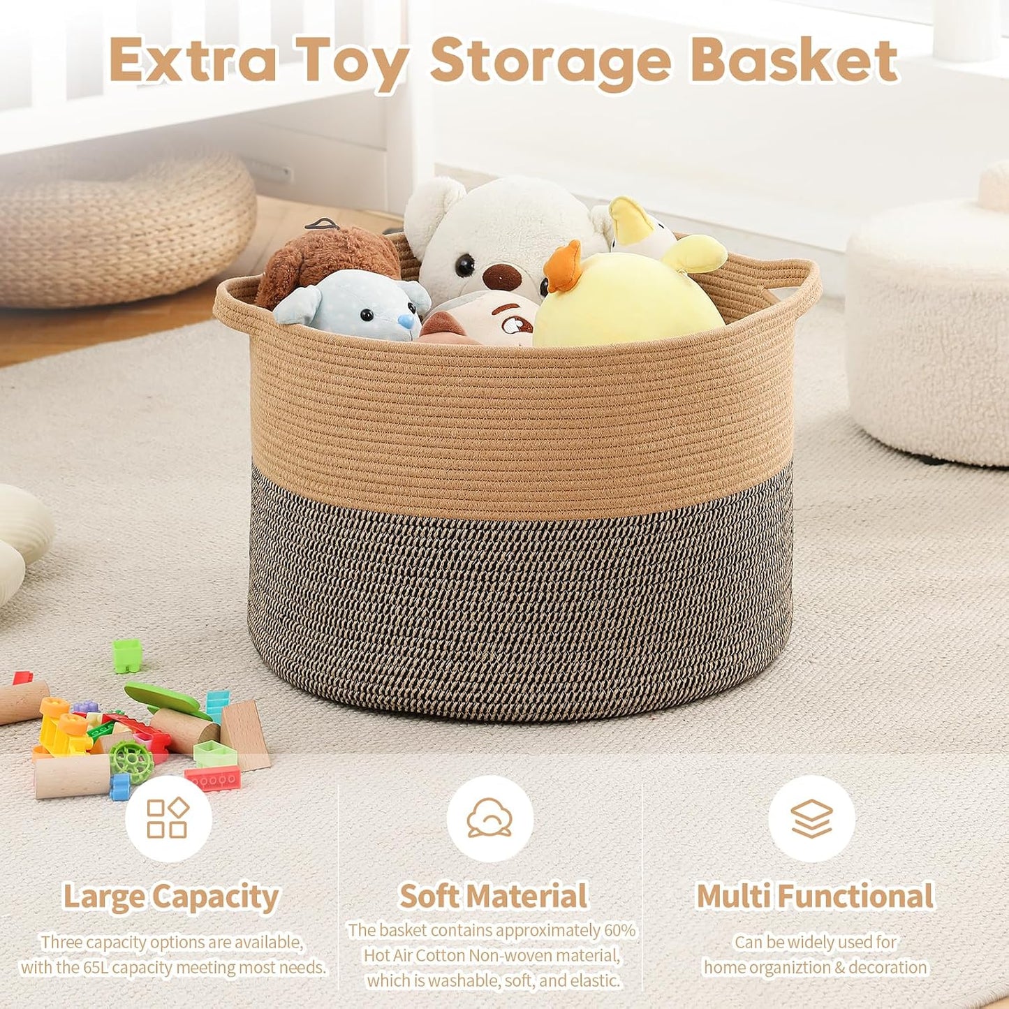 Collapsible Handle Cotton Rope Soft Woven Fabric Storage Organizer Clothes / Camel & Mix Camel / 65L