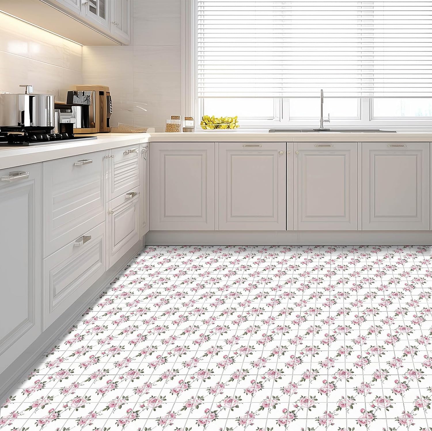 Peel and Stick Floor Tiles Vintage Rose / 12 x 12 / Delicate Rose Tile Pattern / Pink / Set of 10