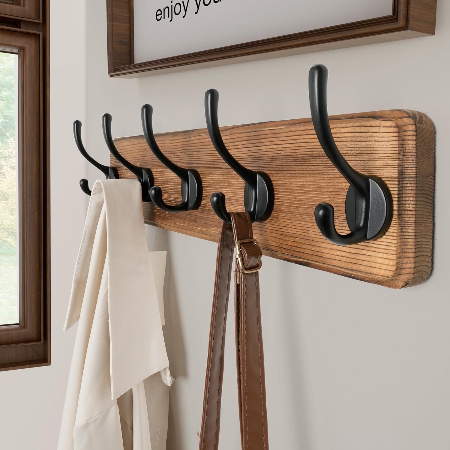 SKOLOO Rustic Wall Mounted Coat Rack, Case of 2, Pine Solid Wood Coat Hook Hanger - 5 Hooks for Hanging Clothes Robes