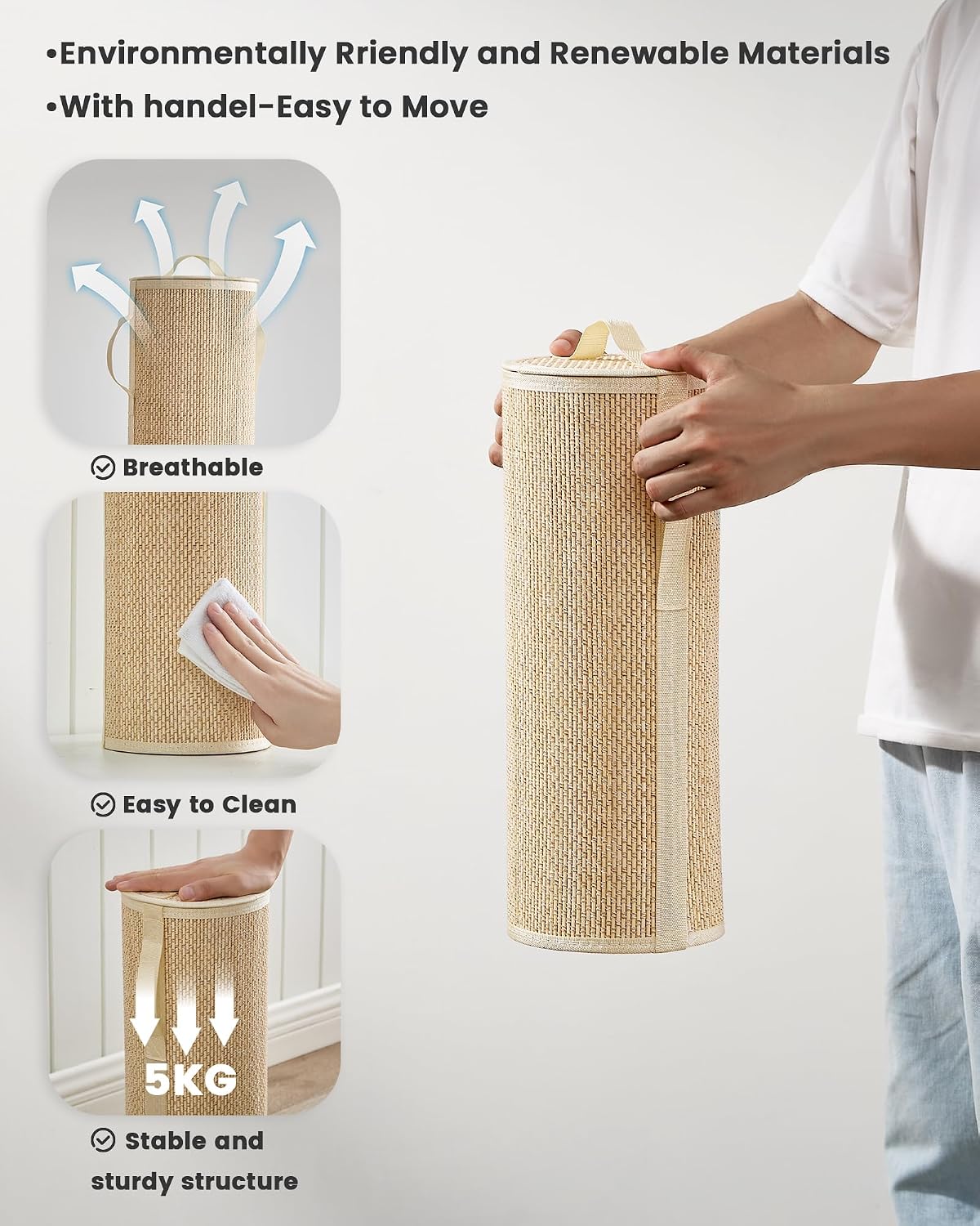 Bamboo Toilet Paper Storage Basket with Lid & Handle - 10L Handwoven Bathroom Organizer for 4 Rolls - Sturdy Stand