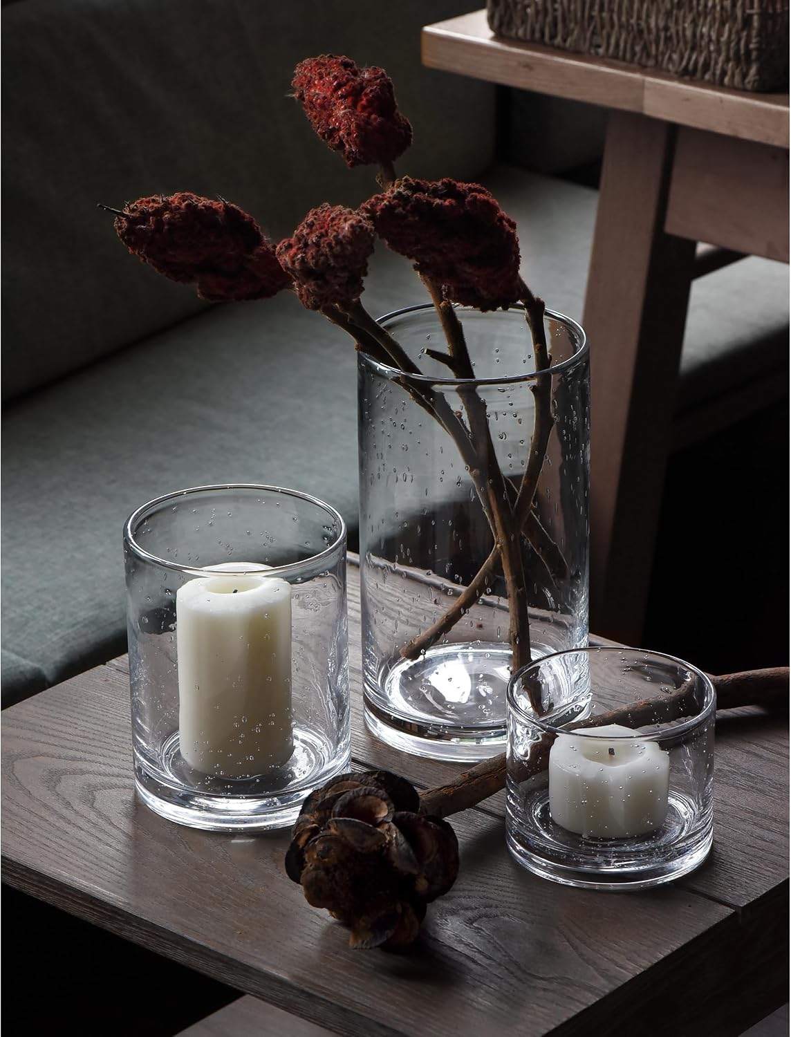 Hurricane Candle Holders Glass Cylinders Set of 3 (10" 7" 4") | Clear Seeded Bubbles, Cylinder Vases For Pillar