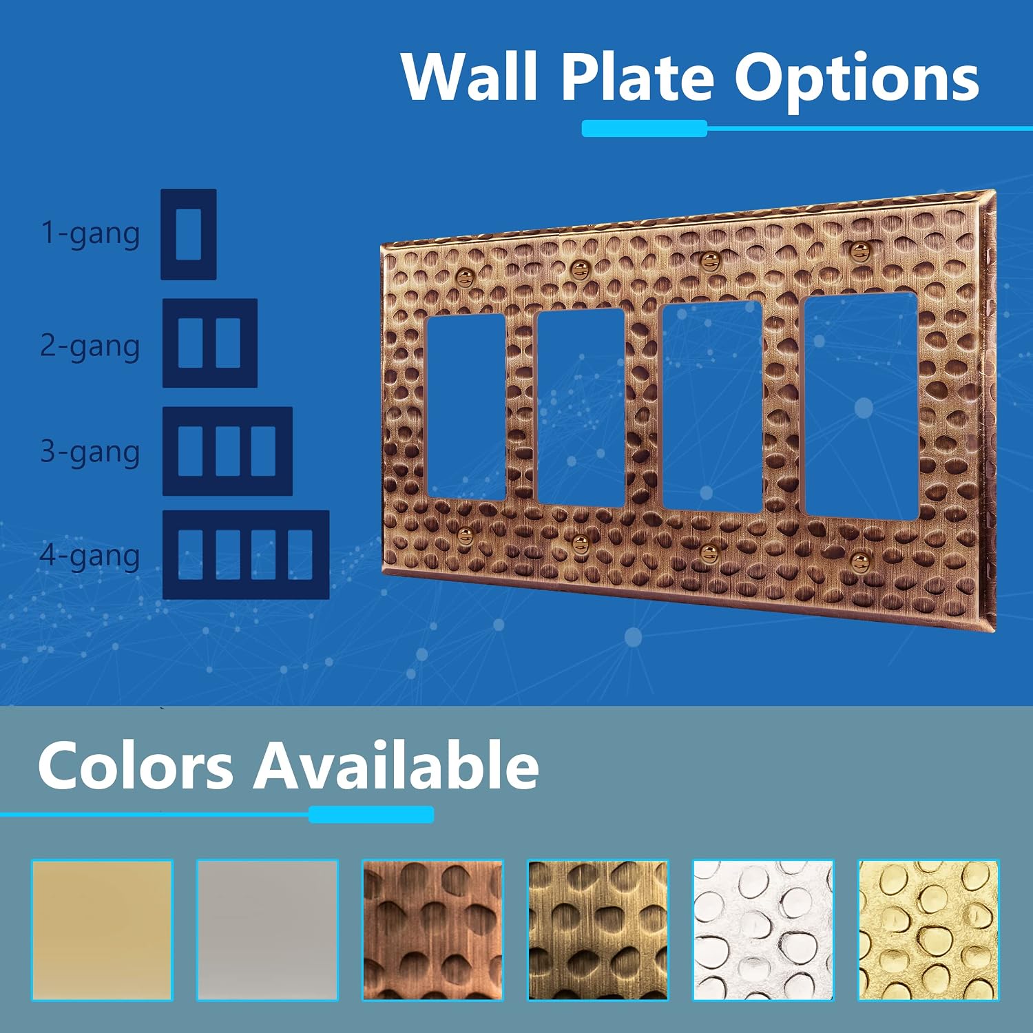 LIDER Decorator Switch or Receptacle Metal Wall Plate, Mid-Size 4-Gang | Corrosion Resistant, Outlet Cover, Hammered