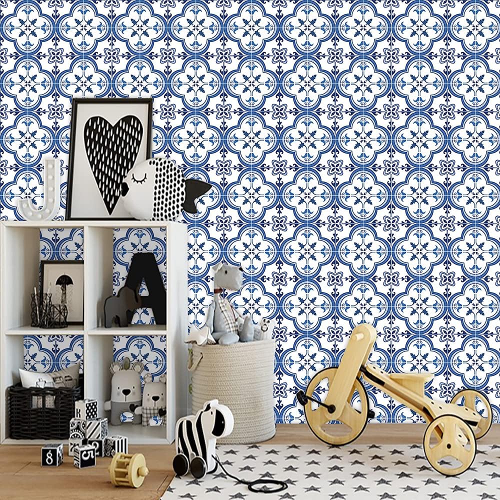 Decorative Tile Stickers Set 12 Units Peel and Stick Self Adhesive Removable Talavera / Blue / 6 x 6