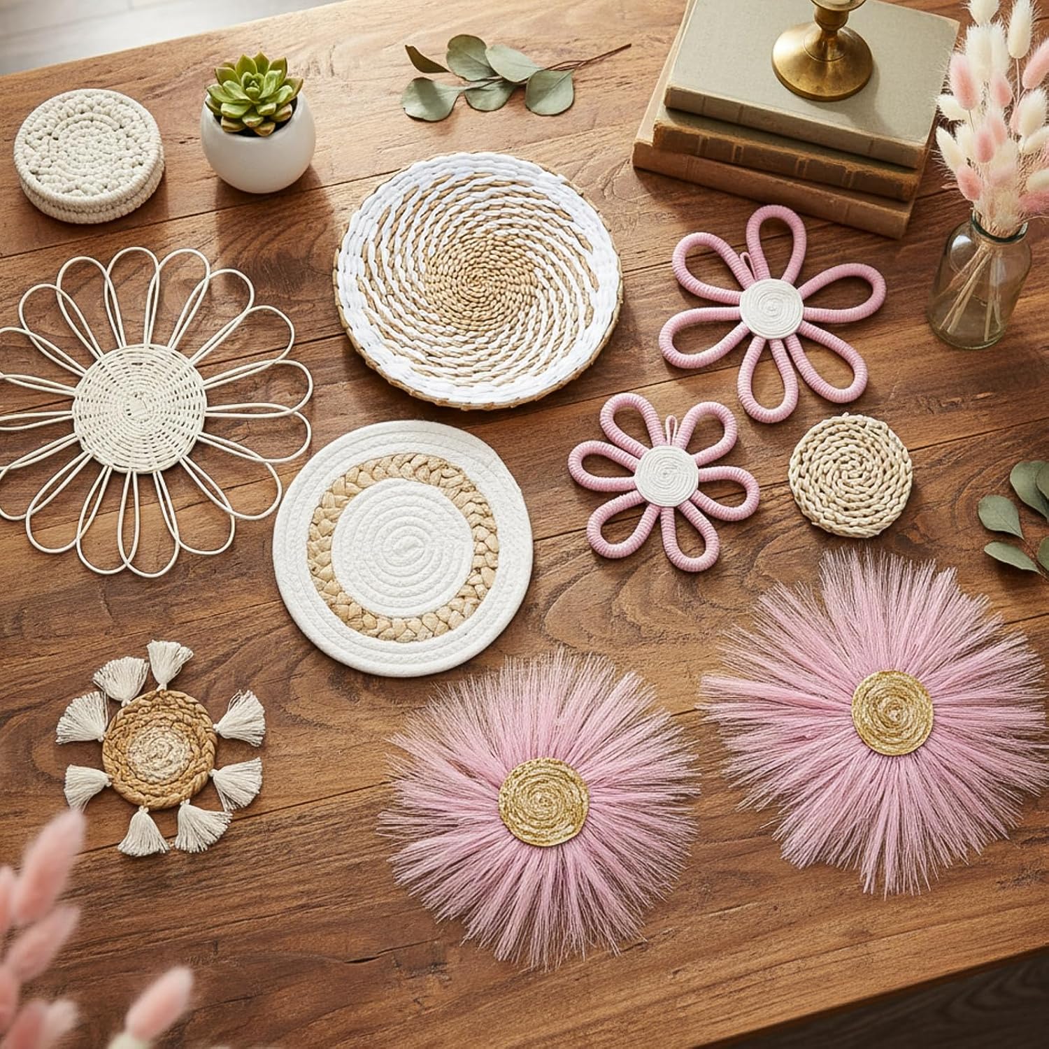Boho Nursery Wall Decor Daisy Flower Woven Macrame Seagrass Rattan Basket / White Pink / Set of 9
