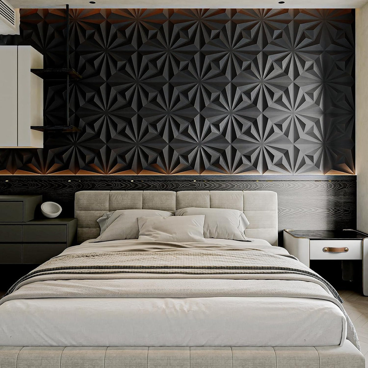 50 Pack 3D Wall Panels, 12x12 Inch, Black | PVC Textured, 3 Layout Options, for Living Room Bedroom TV Background