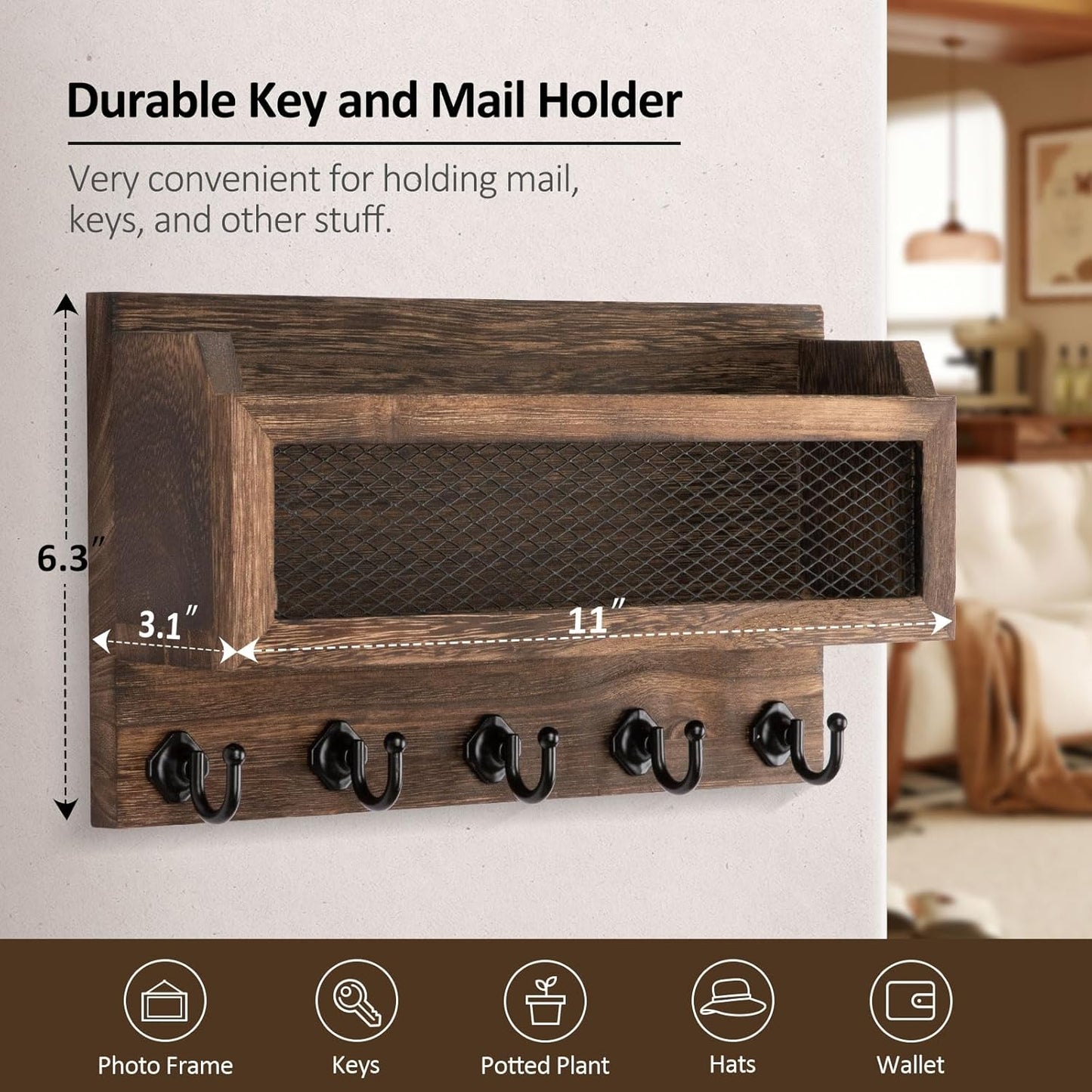Wooden Wall Key Organizer / Brown / 11 Inch