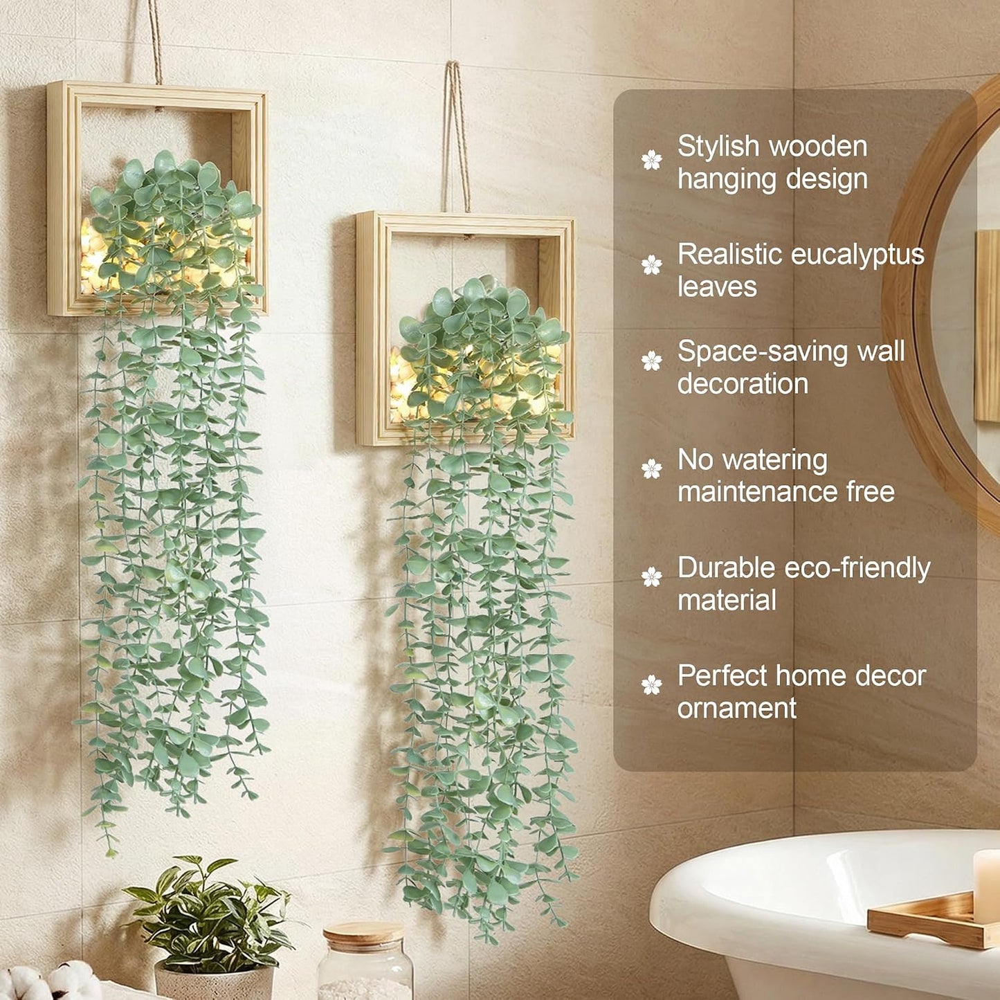 Artificial Eucalyptus Vines in Square Wooden Frame / 7.8" Natural / Set of 2