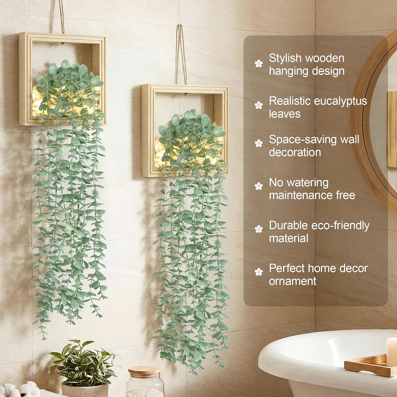 Artificial Eucalyptus Vines in Square Wooden Frame / 7.8" Natural / Set of 2