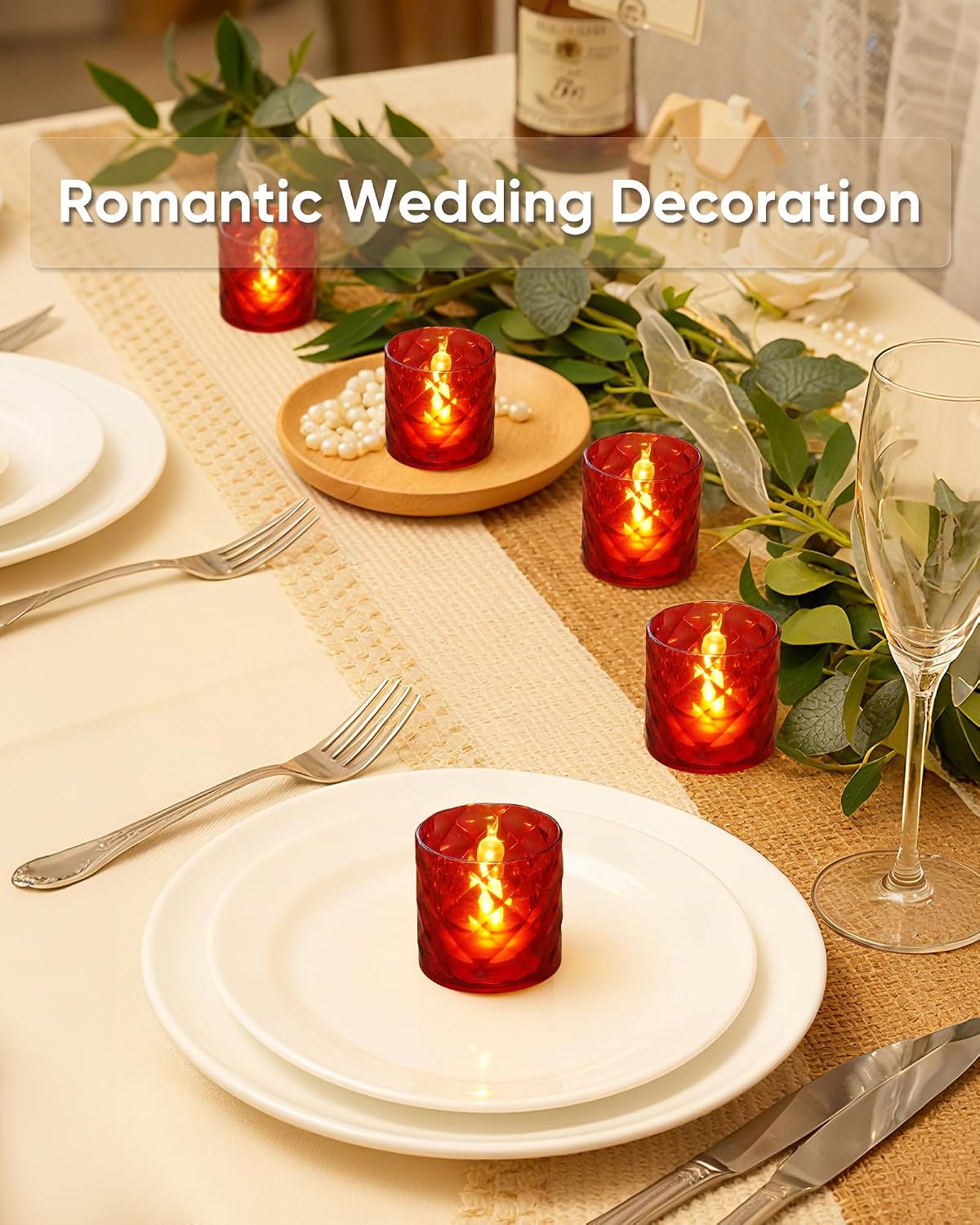 Homemory 2" Red Acrylic Votive Candle & Holders with Auto Timer, 12 Pack | 6h auto timer, flicker Warm White glow