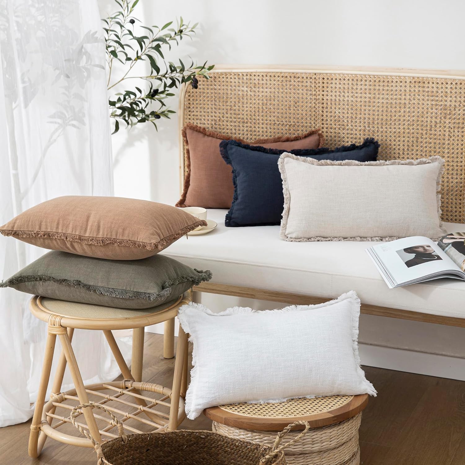 Decorative Linen Fringe Lumbar Throw Pillow Covers Boho Farmhouse Cushion / 20 x 12 / Natural Beige