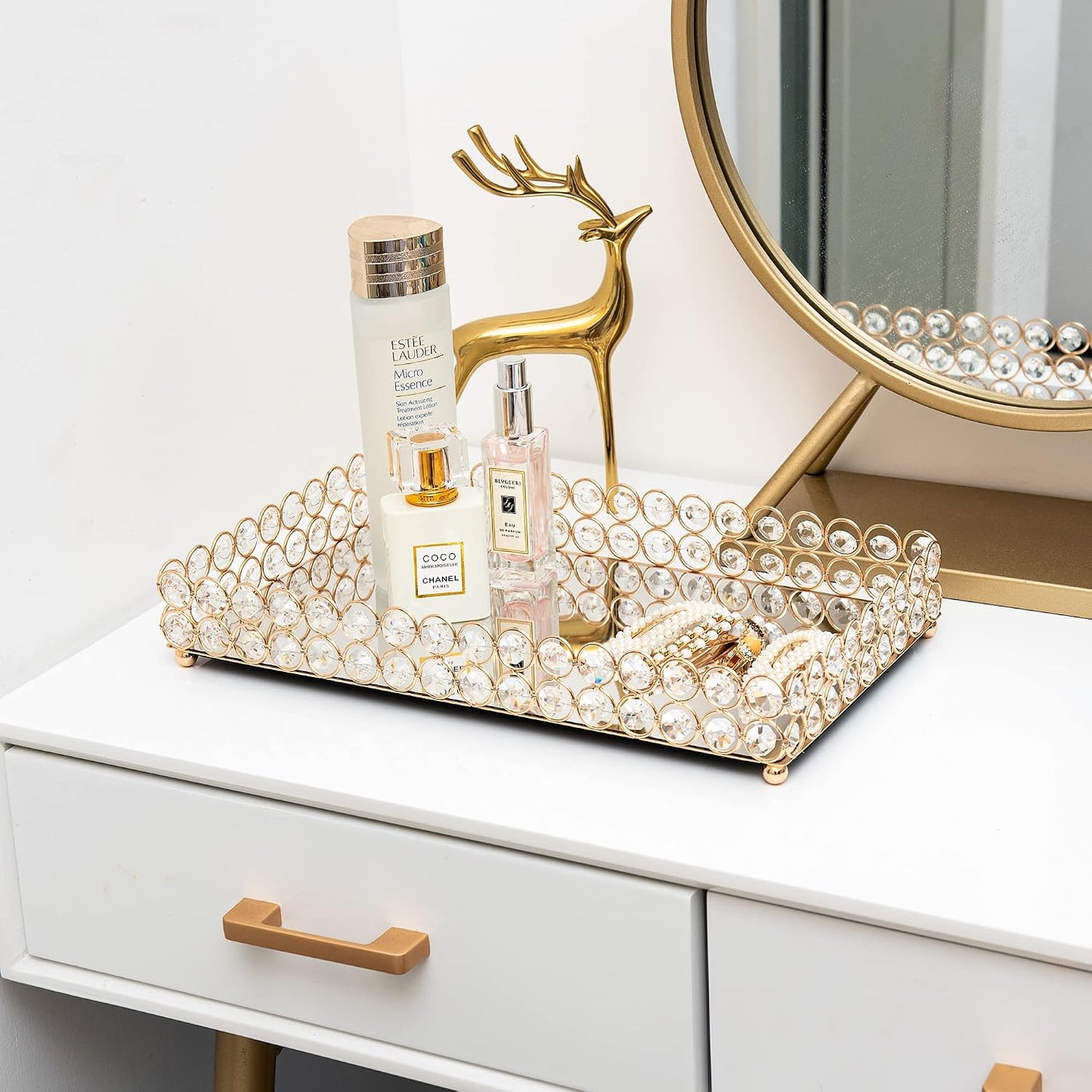 Crystal Perfume Fragrance Tray Cosmetic Makeup Vanity Tray Jewelry Trinket Ring Earring / Gold