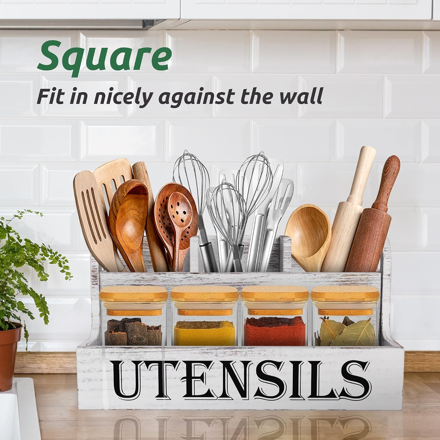 Suli Extra Large Kitchen Utensils Holder, 2 Tier, 4 Compartments | Wooden Utensil Organizer for Kitchen Countertop