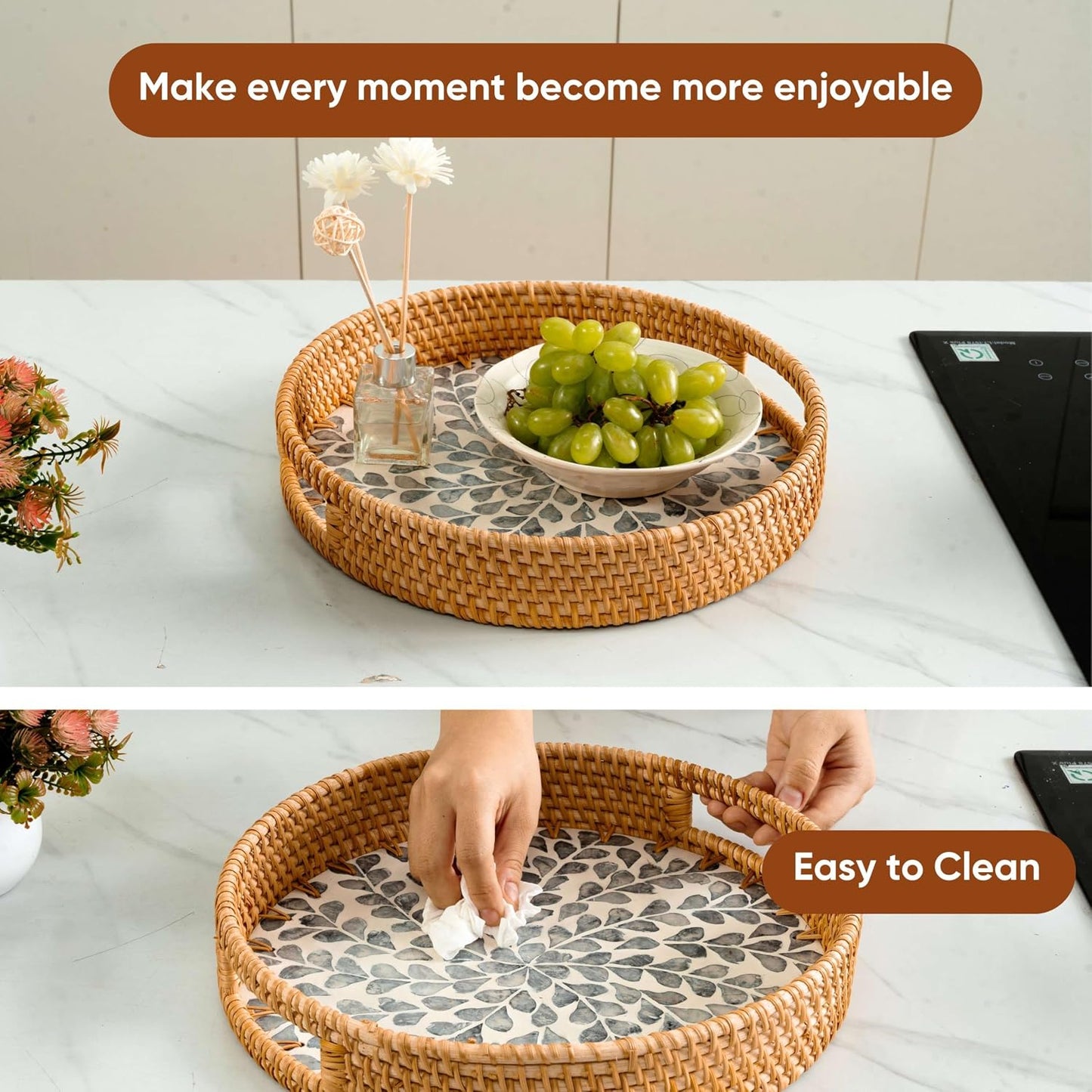 Round Rattan Tray / White- Black Leaves