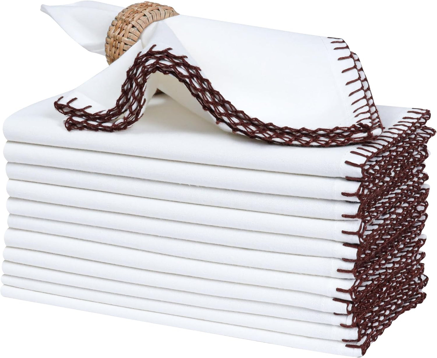 Bedding Craft Cotton Cloth Dinner Napkins Set of 12 – 18x18 Hot Chocolate Brown Cloth Napkins with Blanket Stitch